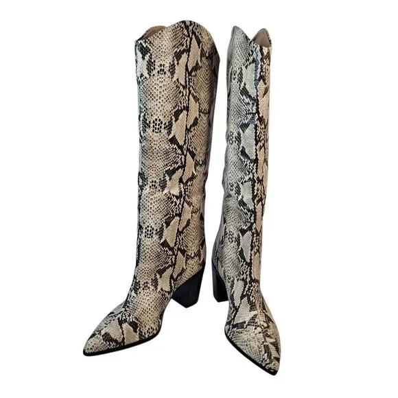 Schutz Maryana Block Heel Boot Womens Size 10B Leather Snakeskin Print Natural
